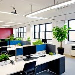 **A brightly lit, modern office interior adhering to WELL standards, showcasing natural light pouring through large windows, indoor plants strategically placed, and employees working comfortably at adjustable desks. The scene emphasizes clean air, ergonomic design, and a focus on occupant well-being. The overall impression is healthy, productive, and sustainable. Consider a wide-angle shot.**