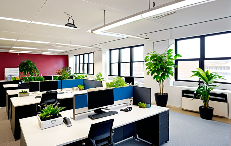 **A brightly lit, modern office interior adhering to WELL standards, showcasing natural light pouring through large windows, indoor plants strategically placed, and employees working comfortably at adjustable desks. The scene emphasizes clean air, ergonomic design, and a focus on occupant well-being. The overall impression is healthy, productive, and sustainable. Consider a wide-angle shot.**