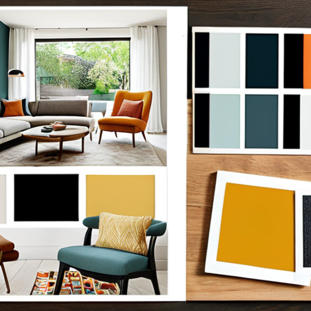 **A vibrant mood board featuring fabric swatches, paint samples, and magazine cutouts representing a modern living room design. The board evokes a sense of calm and sophistication.**