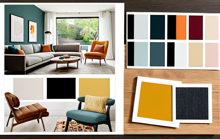 **A vibrant mood board featuring fabric swatches, paint samples, and magazine cutouts representing a modern living room design. The board evokes a sense of calm and sophistication.**
