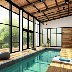 A realistic interior rendering showcasing a wellness center. Focus on a serene, nature-inspired environment, maximizing natural light with passive cooling techniques. Show diverse individuals engaging in wellness activities, highlighting ergonomic design and accessibility. Use a cohesive material palette with reclaimed wood, recycled glass, and low-VOC paints.