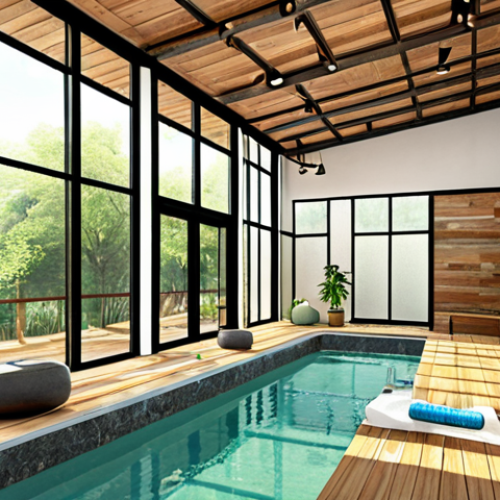 Home 7 A realistic interior rendering showcasing a wellness center. Focus on a serene, nature-inspired environment, maximizing natural light with passive cooling techniques. Show diverse individuals engaging in wellness activities, highlighting ergonomic design and accessibility. Use a cohesive material palette with reclaimed wood, recycled glass, and low-VOC paints.