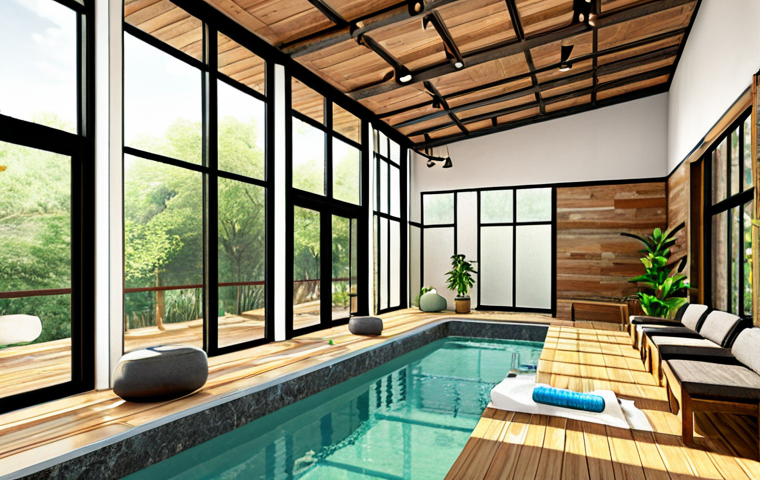 A realistic interior rendering showcasing a wellness center. Focus on a serene, nature-inspired environment, maximizing natural light with passive cooling techniques. Show diverse individuals engaging in wellness activities, highlighting ergonomic design and accessibility. Use a cohesive material palette with reclaimed wood, recycled glass, and low-VOC paints.