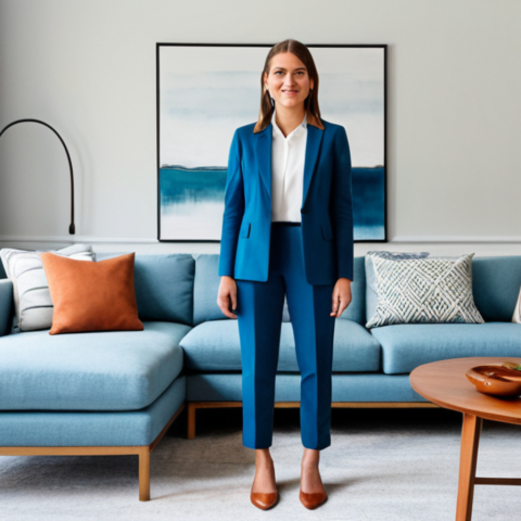 A professional interior designer, fully clothed in a modest business casual outfit, stands in a modern, spacious living room. The room exemplifies perfect balance and harmony, featuring both symmetrical and asymmetrical furniture arrangements. A harmonious color palette of serene blues accented by subtle warm terracotta elements creates a cohesive and inviting atmosphere. The designer gestures thoughtfully towards the space, showcasing the interplay of color and form. The scene is captured with professional photography, high quality, perfect anatomy, correct proportions, natural pose, well-formed hands, proper finger count, natural body proportions, appropriate attire, professional dress, safe for work, appropriate content, family-friendly.