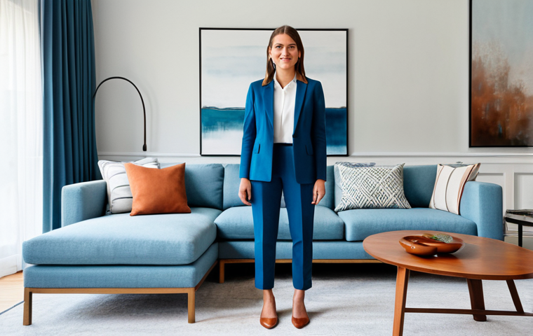 A professional interior designer, fully clothed in a modest business casual outfit, stands in a modern, spacious living room. The room exemplifies perfect balance and harmony, featuring both symmetrical and asymmetrical furniture arrangements. A harmonious color palette of serene blues accented by subtle warm terracotta elements creates a cohesive and inviting atmosphere. The designer gestures thoughtfully towards the space, showcasing the interplay of color and form. The scene is captured with professional photography, high quality, perfect anatomy, correct proportions, natural pose, well-formed hands, proper finger count, natural body proportions, appropriate attire, professional dress, safe for work, appropriate content, family-friendly.