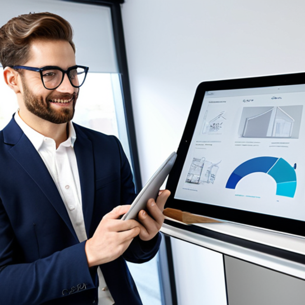 Portfolio Showcase**
A young interior architect, fully clothed in professional attire, presenting a digital portfolio on a tablet in a brightly lit, modern office. The portfolio displays a diverse range of projects, including residential and sustainable designs. Focus on the designer's confident expression and the clarity of the portfolio display. Appropriate content, safe for work, perfect anatomy, well-formed hands, natural pose, high quality, professional.
**