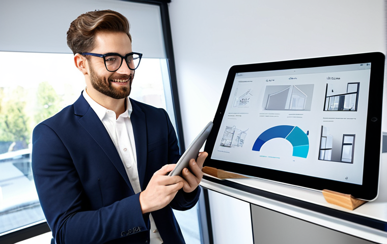 Portfolio Showcase**
A young interior architect, fully clothed in professional attire, presenting a digital portfolio on a tablet in a brightly lit, modern office. The portfolio displays a diverse range of projects, including residential and sustainable designs. Focus on the designer's confident expression and the clarity of the portfolio display. Appropriate content, safe for work, perfect anatomy, well-formed hands, natural pose, high quality, professional.
**