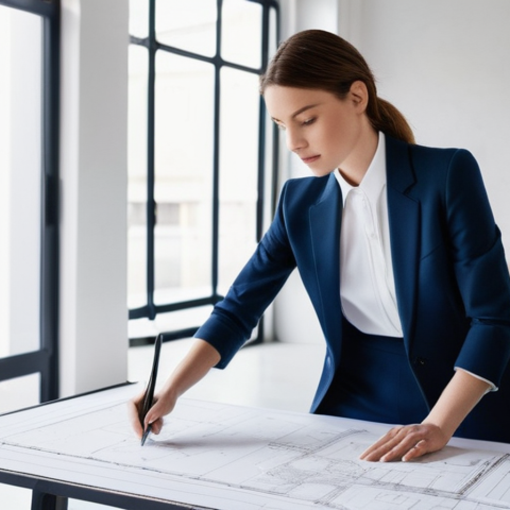 실내건축 실기 시험에서의 오류 해결법 - **Prompt:** "A young, focused female architect, wearing a chic but practical smart-casual outfit inc...
