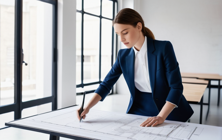 실내건축 실기 시험에서의 오류 해결법 - **Prompt:** "A young, focused female architect, wearing a chic but practical smart-casual outfit inc...