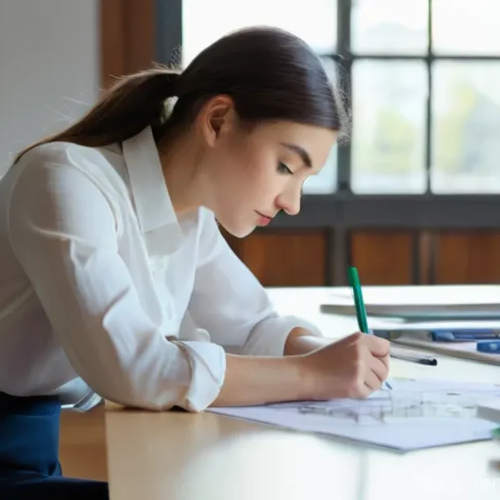 실내건축 실기에서 자주 나오는 오류 - **"A focused female interior design student in her early twenties is meticulously reviewing a large,...