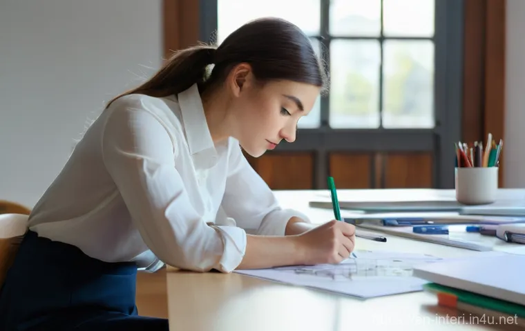 실내건축 실기에서 자주 나오는 오류 - **"A focused female interior design student in her early twenties is meticulously reviewing a large,...