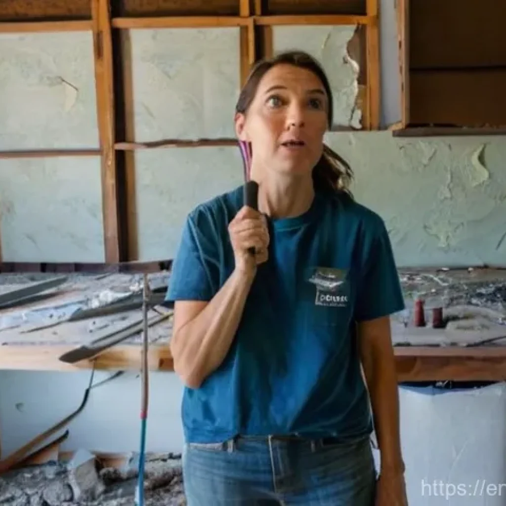 실내건축 시공에서 자주 발생하는 문제 - **Prompt:** A Caucasian woman in her late 30s, wearing practical work clothes like jeans and a t-shi...