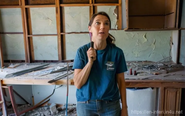 실내건축 시공에서 자주 발생하는 문제 - **Prompt:** A Caucasian woman in her late 30s, wearing practical work clothes like jeans and a t-shi...