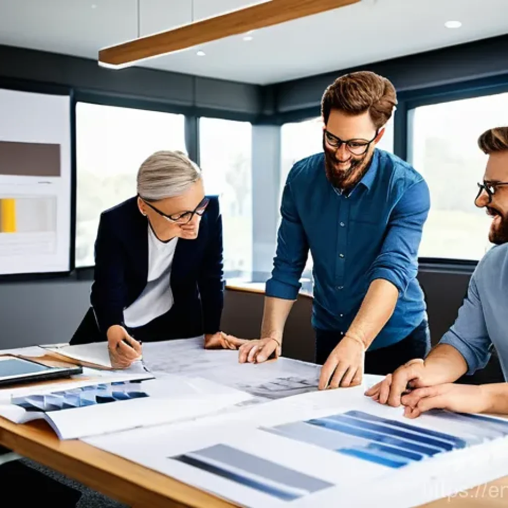 실내건축 실습에서 배우는 협업의 중요성 - **"Synergy in Design: A Collaborative Brainstorm"**
    A diverse team of 4-5 interior designers, in...