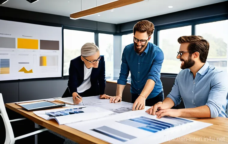 실내건축 실습에서 배우는 협업의 중요성 - **"Synergy in Design: A Collaborative Brainstorm"**
A diverse team of 4-5 interior designers, in...