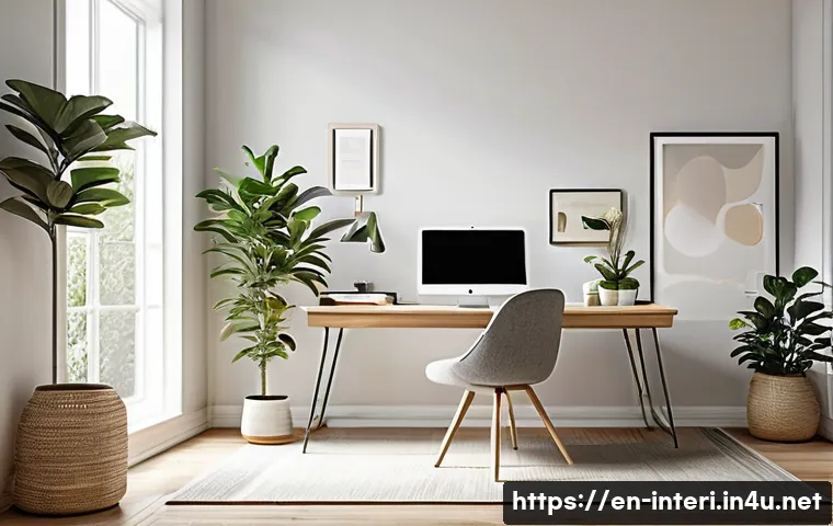 실내건축 실기 시험의 채점 기준 - **A Serene Home Workspace for Focused Creativity:** A photorealistic, high-resolution rendering of a...