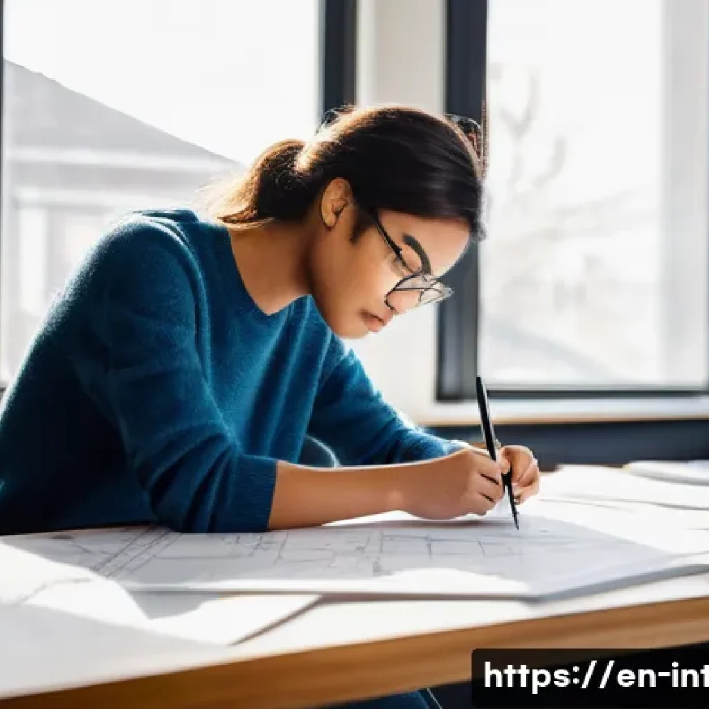 실내건축 실기 시험의 성공 사례 - **Prompt:** A focused young female interior design student diligently working on a practical exam pr...