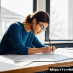 실내건축 실기 시험의 성공 사례 - **Prompt:** A focused young female interior design student diligently working on a practical exam pr...