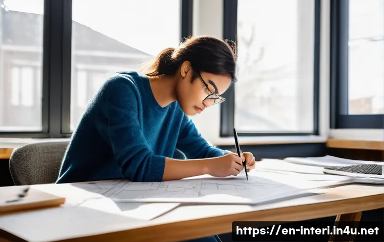 실내건축 실기 시험의 성공 사례 - **Prompt:** A focused young female interior design student diligently working on a practical exam pr...