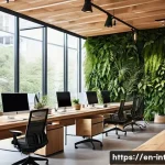 실내건축 디자인 트렌드와 실무 적용 - A modern office interior bathed in natural daylight featuring expansive floor-to-ceiling windows, a ...