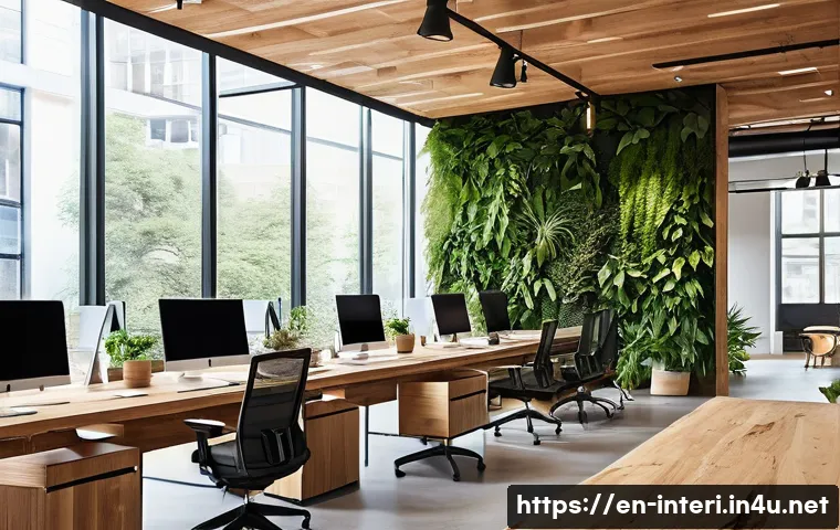 실내건축 디자인 트렌드와 실무 적용 - A modern office interior bathed in natural daylight featuring expansive floor-to-ceiling windows, a ...