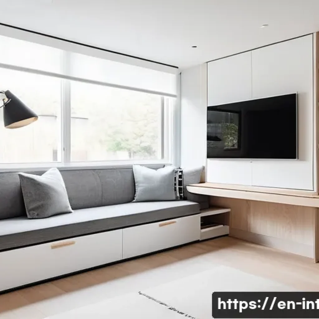 실내건축 실습 중 발생하는 문제 해결 사례들 - A modern minimalist studio apartment under 400 square feet featuring custom built-in storage units s...