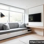 실내건축 실습 중 발생하는 문제 해결 사례들 - A modern minimalist studio apartment under 400 square feet featuring custom built-in storage units s...