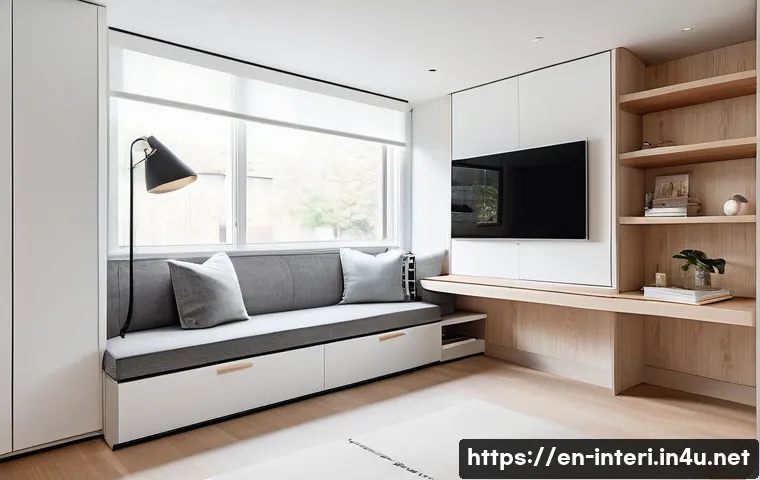 실내건축 실습 중 발생하는 문제 해결 사례들 - A modern minimalist studio apartment under 400 square feet featuring custom built-in storage units s...