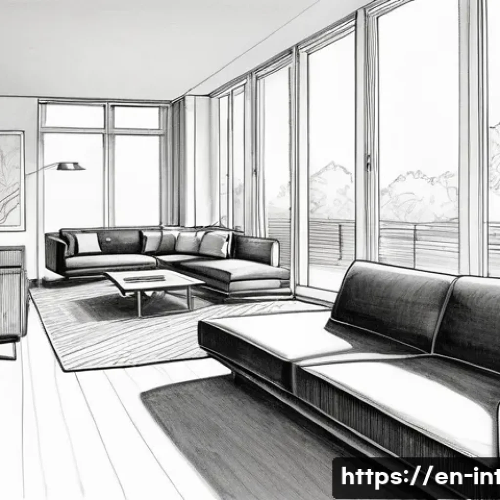 실내건축 실기에서의 스케치 테크닉 - An interior architectural sketch of a modern living room using two-point perspective, showcasing rea...