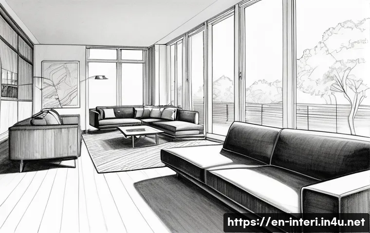 실내건축 실기에서의 스케치 테크닉 - An interior architectural sketch of a modern living room using two-point perspective, showcasing rea...