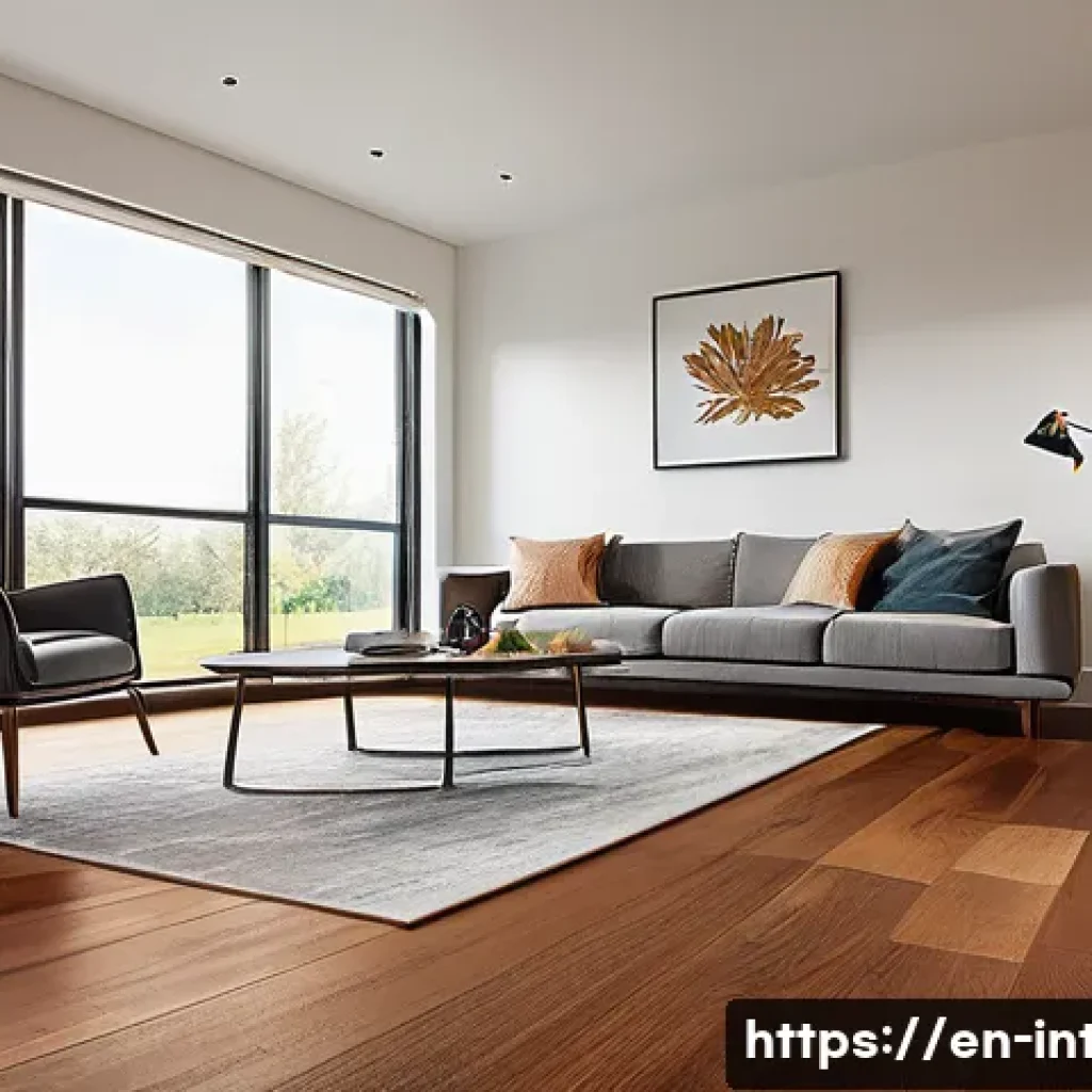 실내건축 시공 사례 리뷰 - A modern living room featuring high-quality hardwood flooring with a warm, natural grain and rich co...