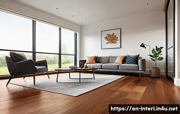 실내건축 시공 사례 리뷰 - A modern living room featuring high-quality hardwood flooring with a warm, natural grain and rich co...
