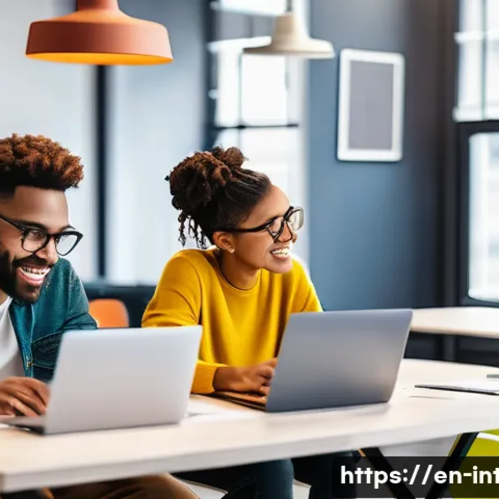 실내건축 시험 준비를 위한 온라인 커뮤니티 - A diverse group of young adults studying together in a modern co-working space, laptops open with in...