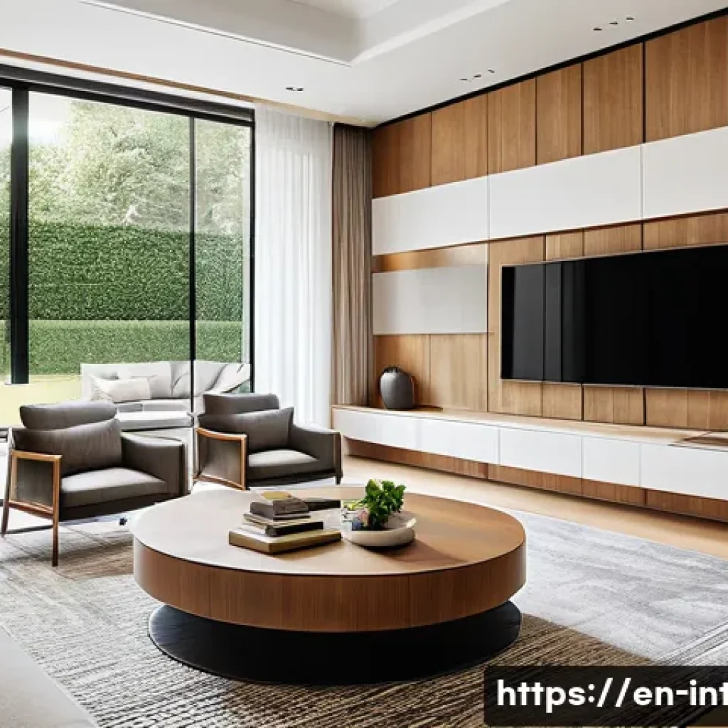 실내건축기사 실기 시험 기출문제 - A detailed interior design concept illustration showcasing a modern residential living room with cle...