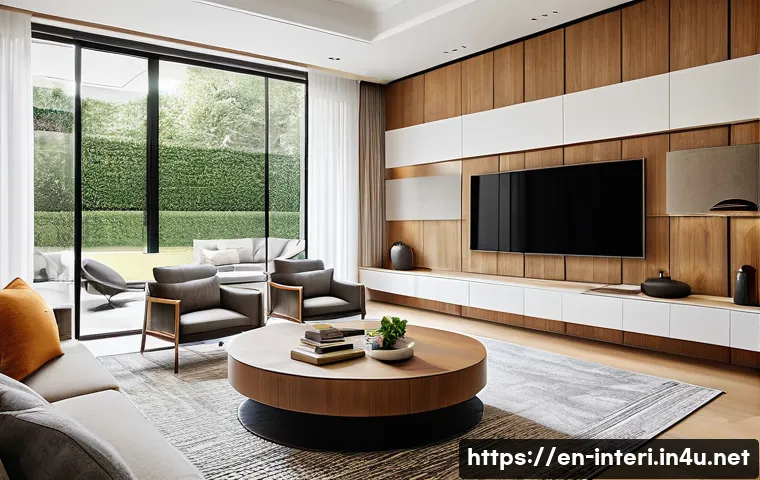 실내건축기사 실기 시험 기출문제 - A detailed interior design concept illustration showcasing a modern residential living room with cle...