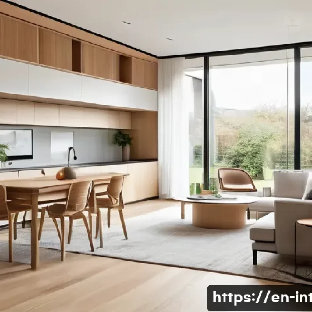 실내건축 실기 시험에서 평가되는 주요 항목 - A modern interior design concept illustrating seamless spatial flow in a residential living space: o...
