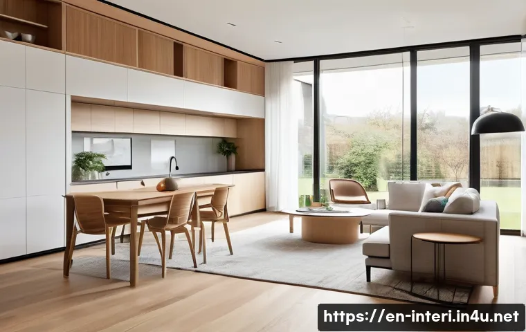 실내건축 실기 시험에서 평가되는 주요 항목 - A modern interior design concept illustrating seamless spatial flow in a residential living space: o...