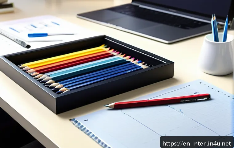 실내건축 실기 시험 준비를 위한 체크리스트 - A well-organized interior architecture exam workspace featuring a compact toolkit arranged neatly on...
