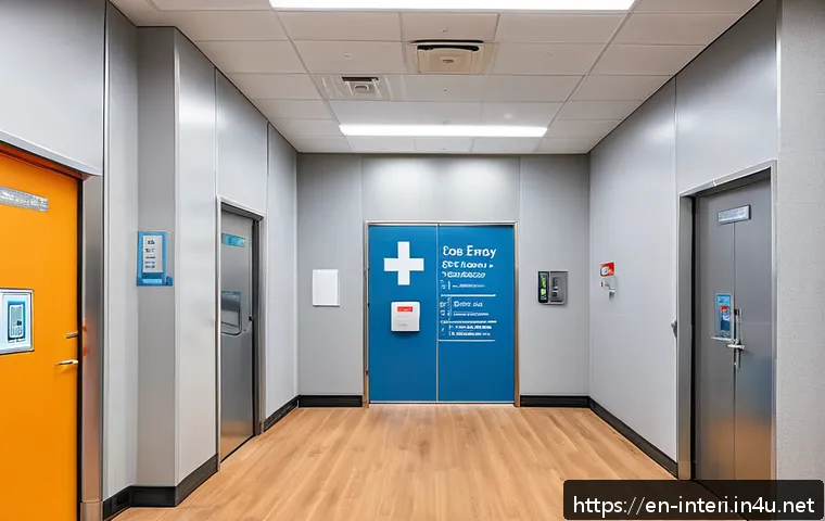 실내건축 필수 법규와 규정 - A modern commercial interior space showcasing fire safety compliance: fire-rated doors with clear eg...
