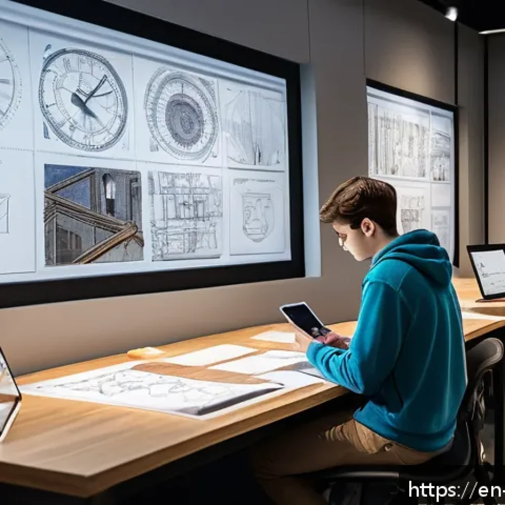 실내건축 실기 시험의 모범 사례 - A focused interior architecture student working diligently at a well-organized desk, surrounded by a...