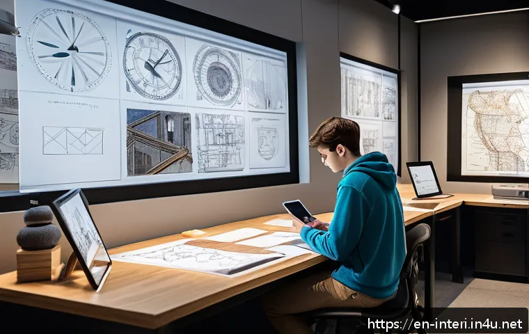 실내건축 실기 시험의 모범 사례 - A focused interior architecture student working diligently at a well-organized desk, surrounded by a...