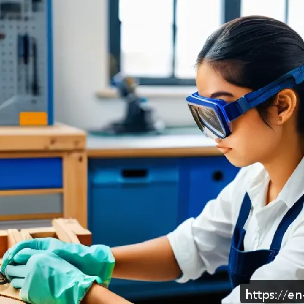 실내건축 실습 중 주의해야 할 사항 - A detailed interior architecture workshop scene showing an intern carefully using a rotary tool on a...