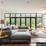 실내건축과 홈스타일링의 차이 - A modern open-concept living space showcasing interior architecture principles: exposed structural b...