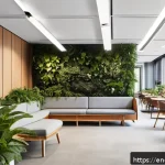 실내건축 실습에서 강조해야 할 포인트 - A modern co-working space interior emphasizing user experience and functionality, featuring ergonomi...