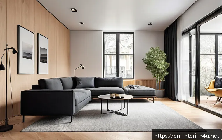 실내건축 실습에서 중요한 기술들과 협업 방법들 - A modern, open-concept living room showcasing perfect spatial flow and balanced proportions: sleek m...