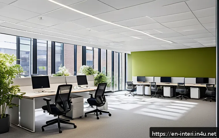 실내건축 직업군의 종류 - A modern open-plan office interior showcasing optimal spatial flow and ergonomic design, featuring a...