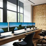 실내건축 연봉을 높이는 커리어 팁 - A modern interior architect workspace featuring a sleek desk with multiple monitors displaying 3D mo...