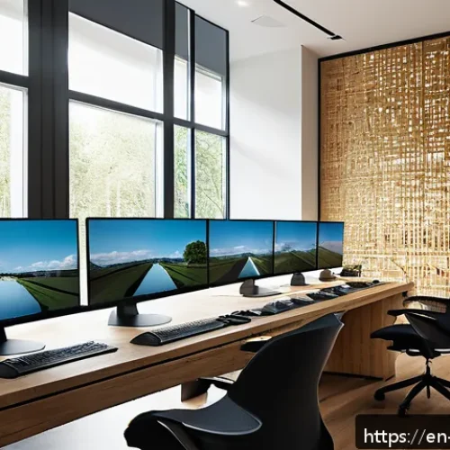 실내건축 연봉을 높이는 커리어 팁 - A modern interior architect workspace featuring a sleek desk with multiple monitors displaying 3D mo...