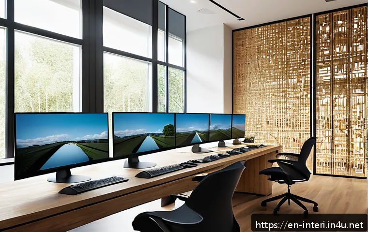 실내건축 연봉을 높이는 커리어 팁 - A modern interior architect workspace featuring a sleek desk with multiple monitors displaying 3D mo...
