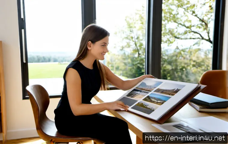 Home 17 실내건축 포트폴리오에서 강조해야 할 점 - Photorealistic interior design portfolio review scene, confident young designer seated at a clean oa...
